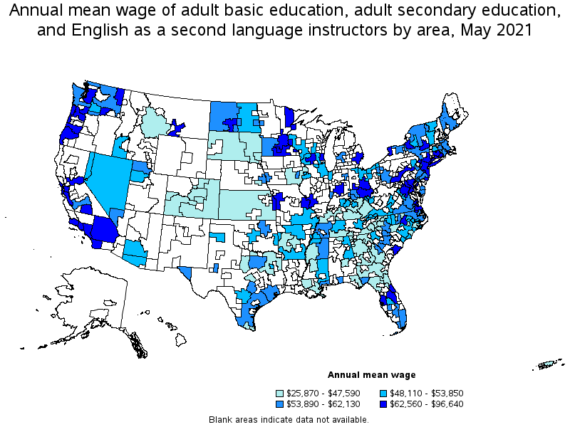 Map of annual mean wages of adult basic education, adult secondary education, and english as a second language instructors by area, May 2021