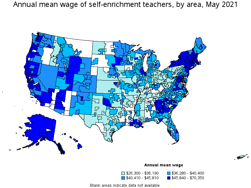 Map of annual mean wages of self-enrichment teachers by area, May 2021