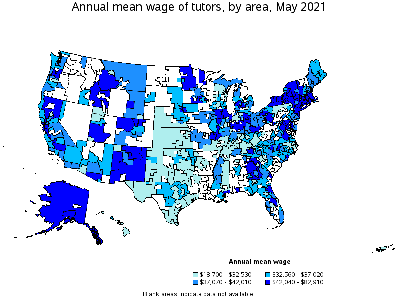 Map of annual mean wages of tutors by area, May 2021