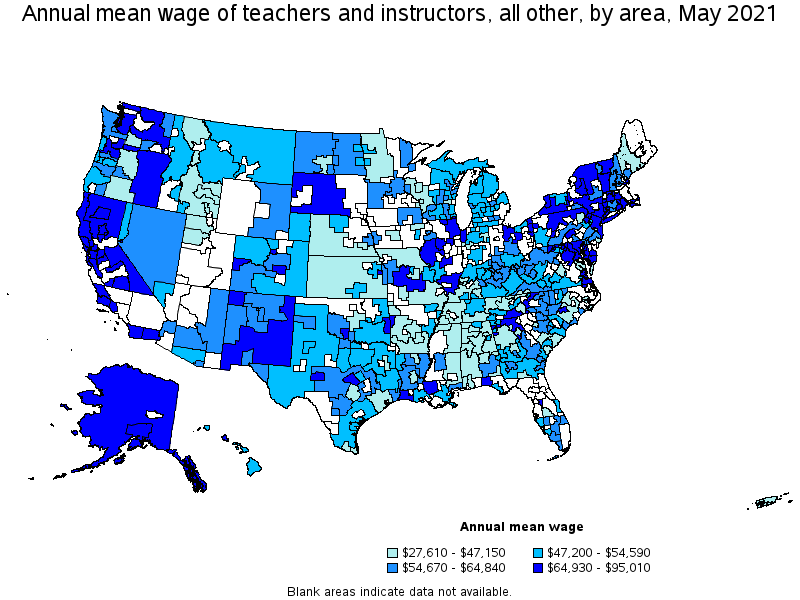 Map of annual mean wages of teachers and instructors, all other by area, May 2021