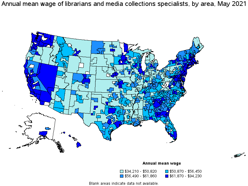 Map of annual mean wages of librarians and media collections specialists by area, May 2021