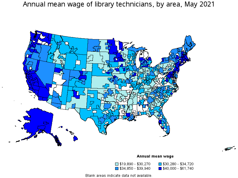 Map of annual mean wages of library technicians by area, May 2021