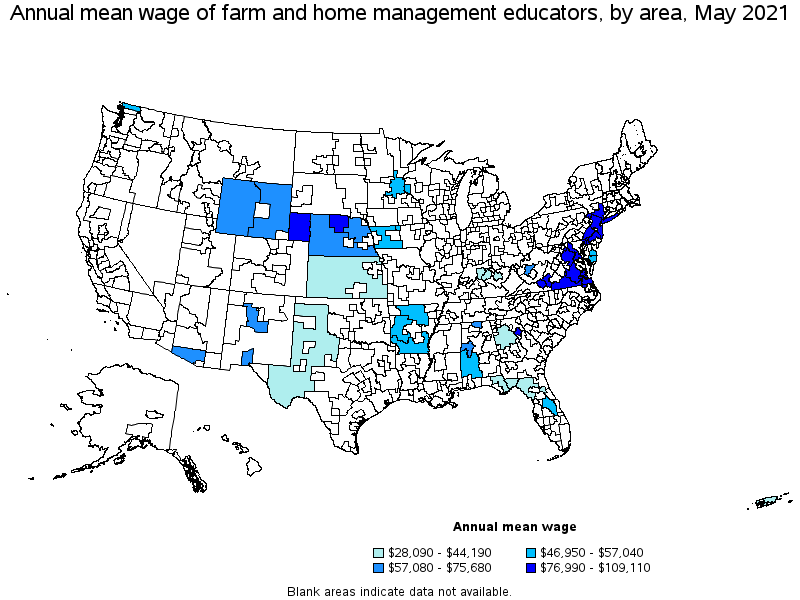 Map of annual mean wages of farm and home management educators by area, May 2021
