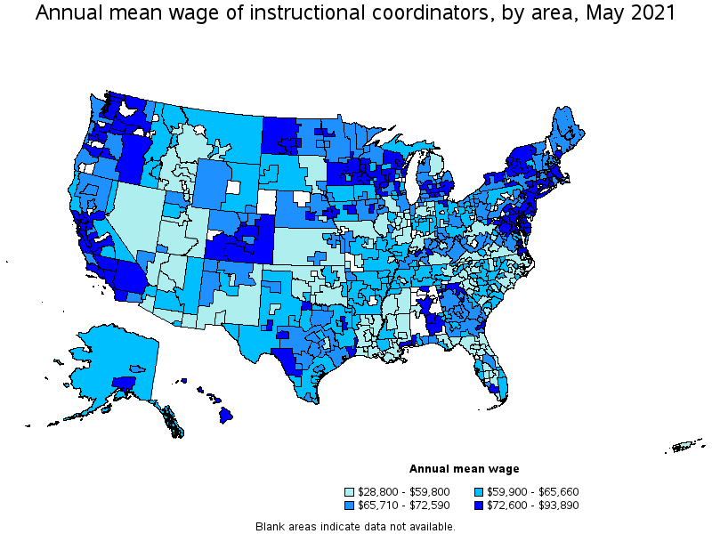 Map of annual mean wages of instructional coordinators by area, May 2021