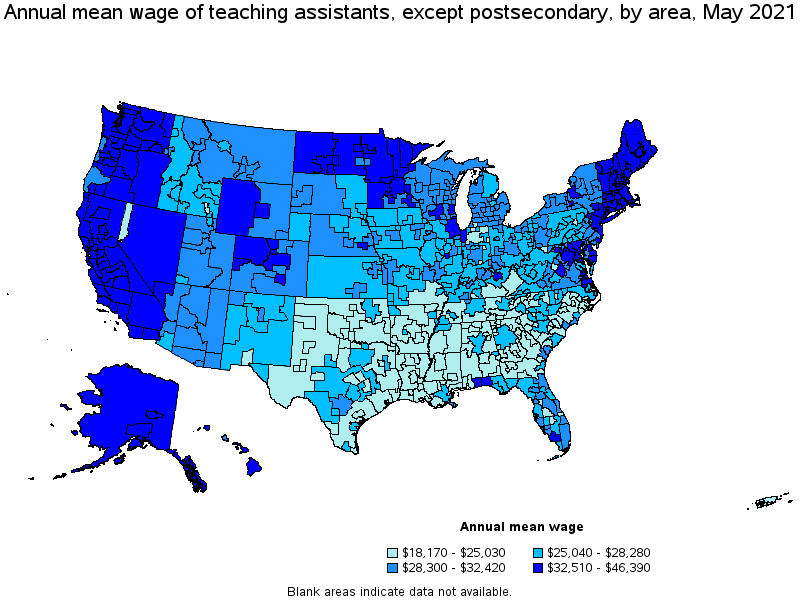 Map of annual mean wages of teaching assistants, except postsecondary by area, May 2021