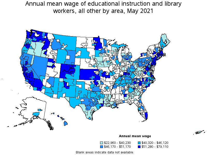 Map of annual mean wages of educational instruction and library workers, all other by area, May 2021