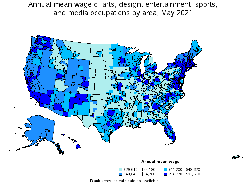 Map of annual mean wages of arts, design, entertainment, sports, and media occupations by area, May 2021