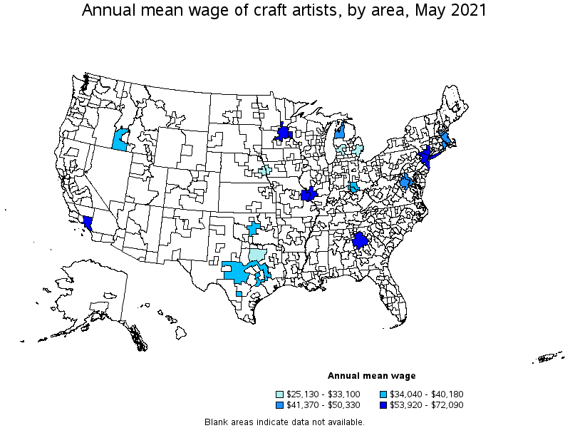 Map of annual mean wages of craft artists by area, May 2021