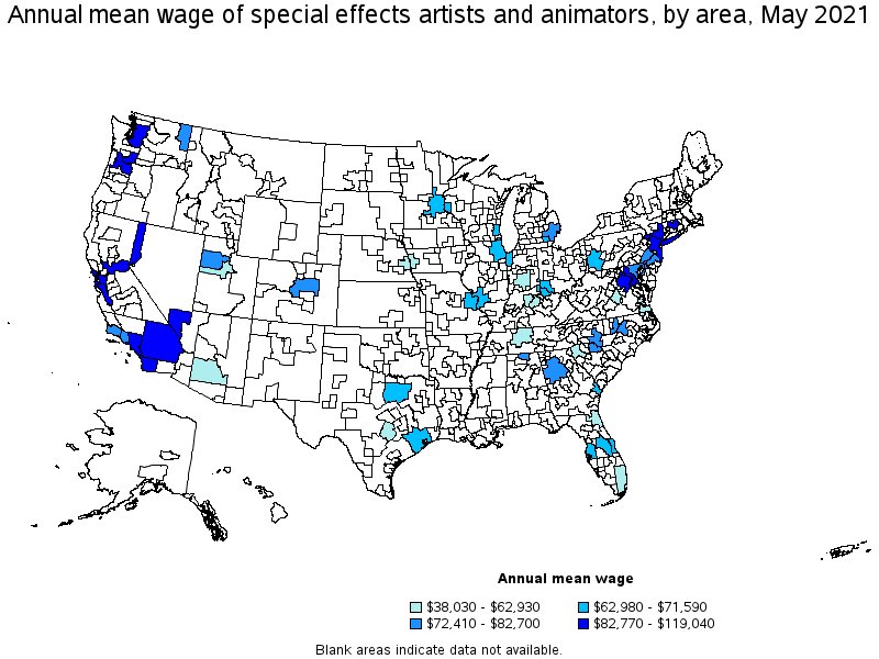 Map of annual mean wages of special effects artists and animators by area, May 2021