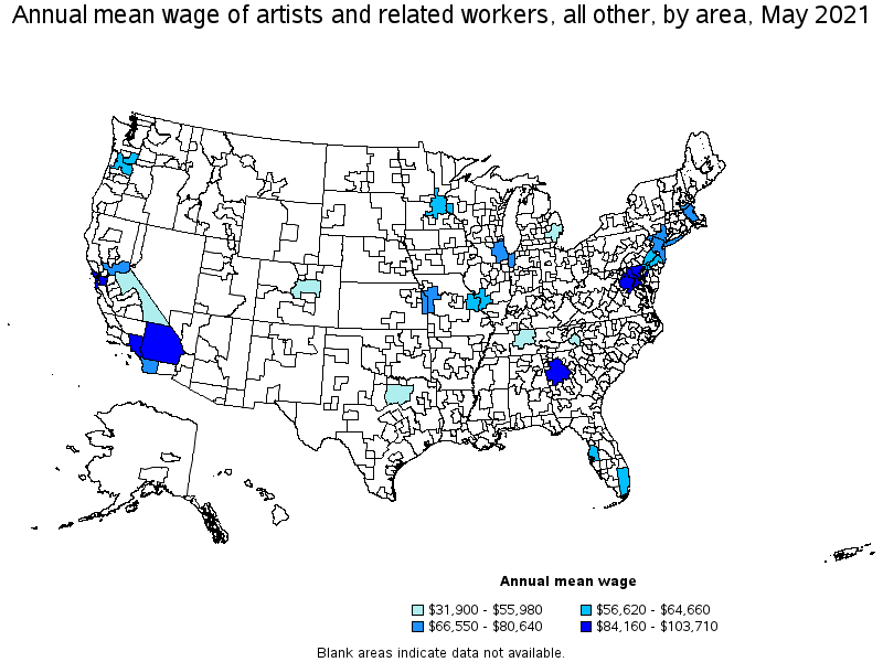 Map of annual mean wages of artists and related workers, all other by area, May 2021