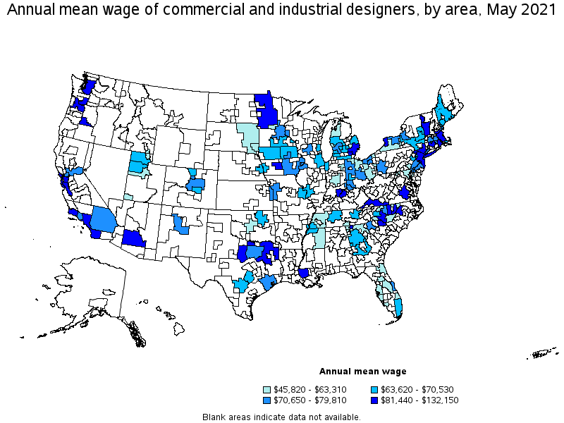 Map of annual mean wages of commercial and industrial designers by area, May 2021