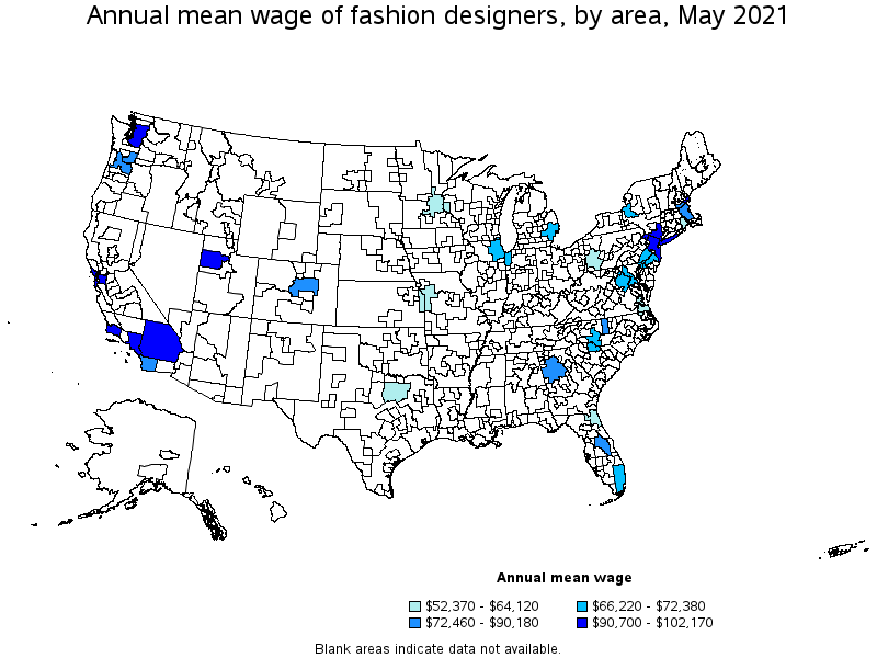 Map of annual mean wages of fashion designers by area, May 2021