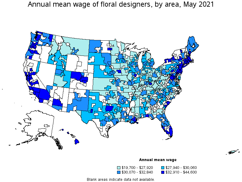 Map of annual mean wages of floral designers by area, May 2021