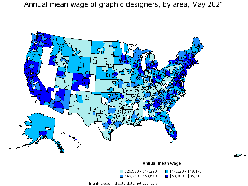 Map of annual mean wages of graphic designers by area, May 2021