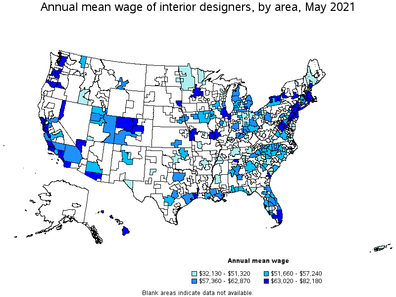 Map of annual mean wages of interior designers by area, May 2021