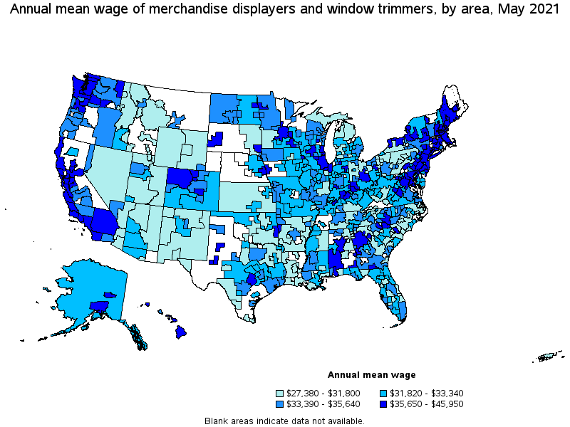 Map of annual mean wages of merchandise displayers and window trimmers by area, May 2021