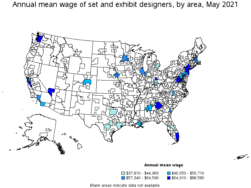 Map of annual mean wages of set and exhibit designers by area, May 2021