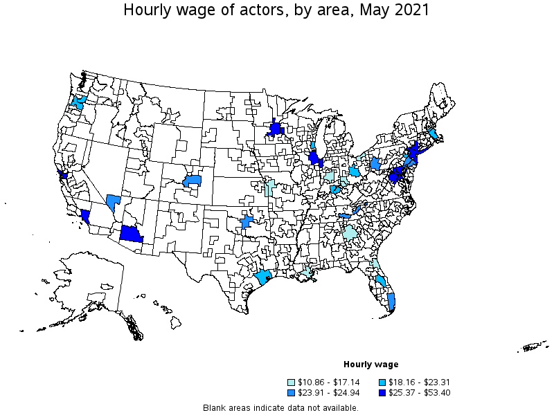 Map of annual mean wages of actors by area, May 2021