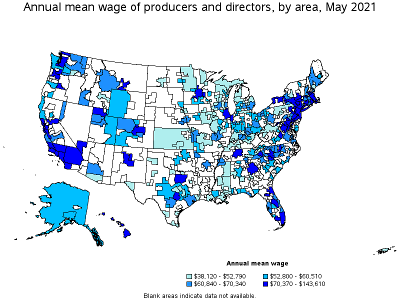 Map of annual mean wages of producers and directors by area, May 2021