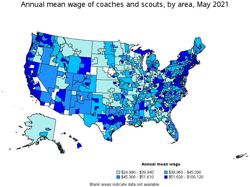 Map of annual mean wages of coaches and scouts by area, May 2021