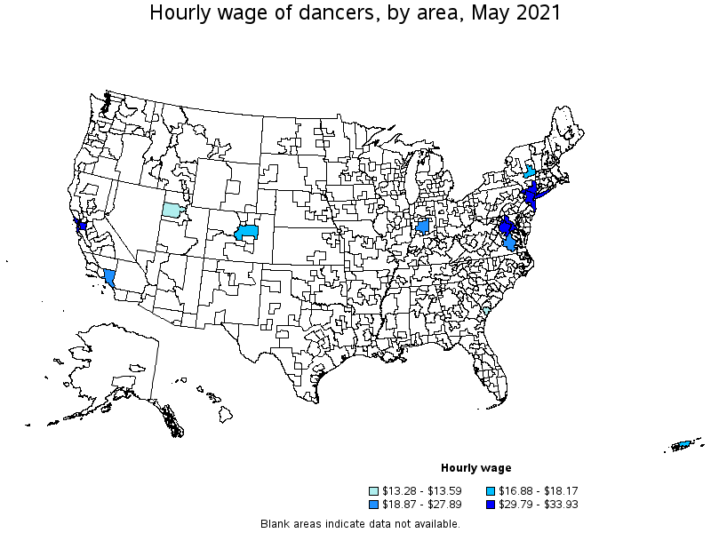 Map of annual mean wages of dancers by area, May 2021