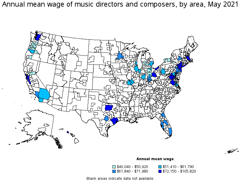 Map of annual mean wages of music directors and composers by area, May 2021