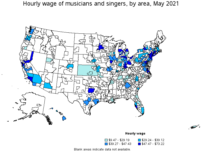 Map of annual mean wages of musicians and singers by area, May 2021