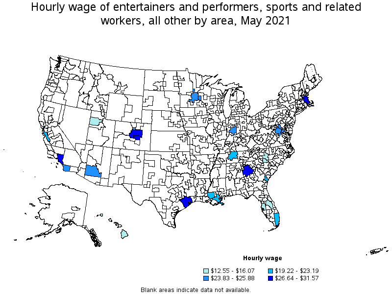 Map of annual mean wages of entertainers and performers, sports and related workers, all other by area, May 2021