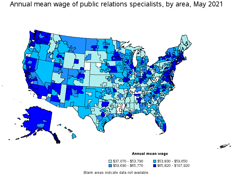 Map of annual mean wages of public relations specialists by area, May 2021