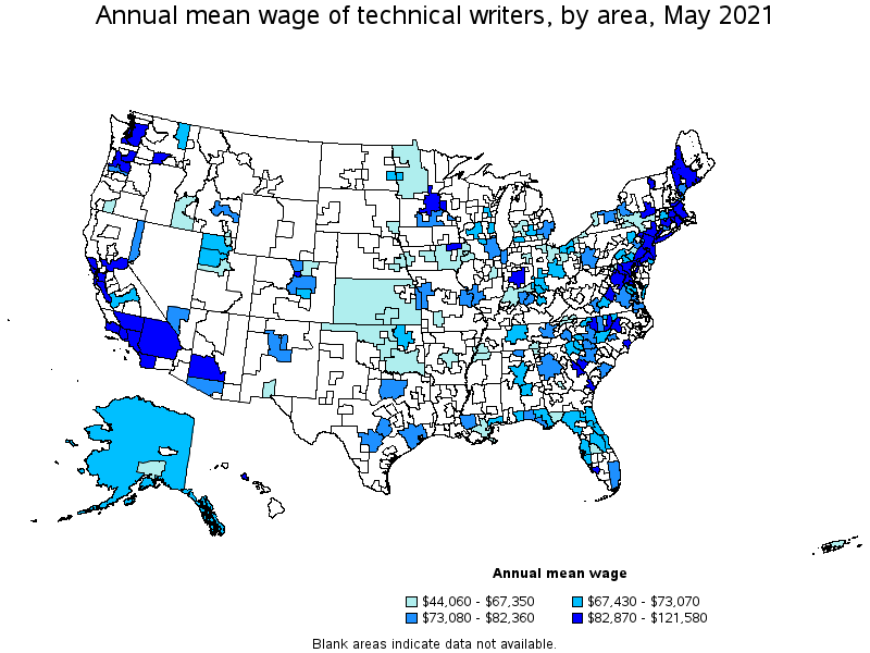 Map of annual mean wages of technical writers by area, May 2021