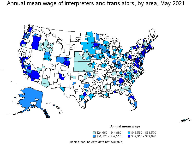Map of annual mean wages of interpreters and translators by area, May 2021