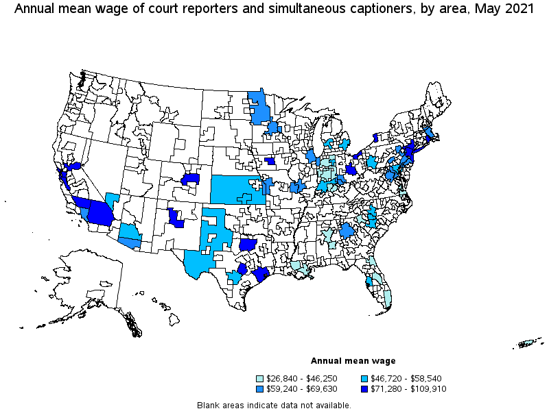 Map of annual mean wages of court reporters and simultaneous captioners by area, May 2021