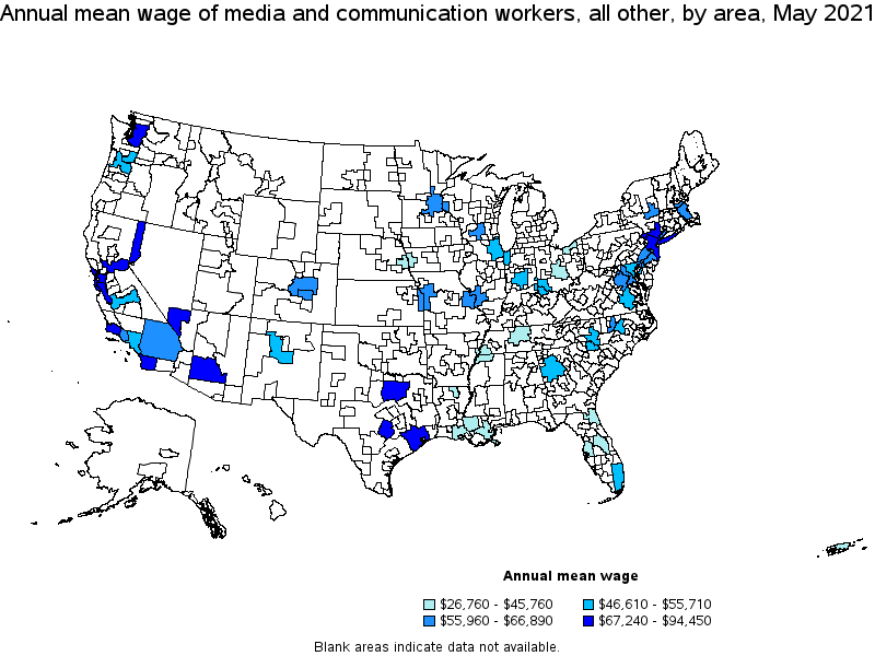 Map of annual mean wages of media and communication workers, all other by area, May 2021