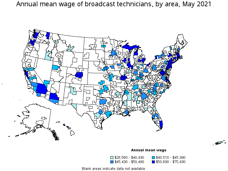 Map of annual mean wages of broadcast technicians by area, May 2021