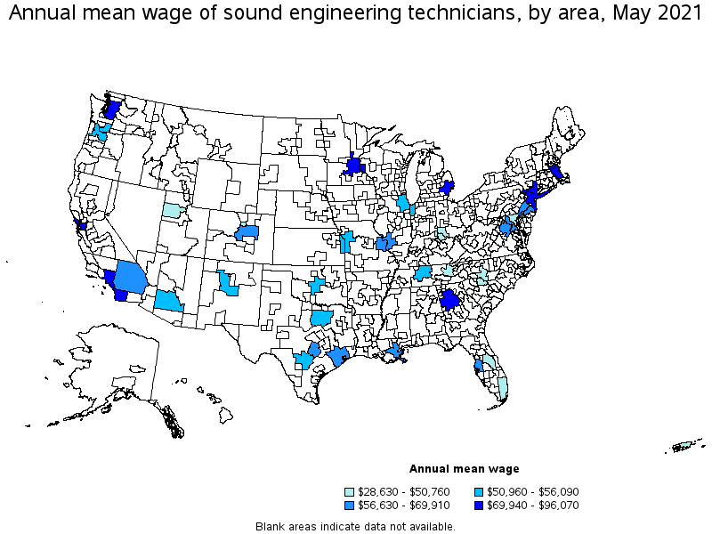 Map of annual mean wages of sound engineering technicians by area, May 2021