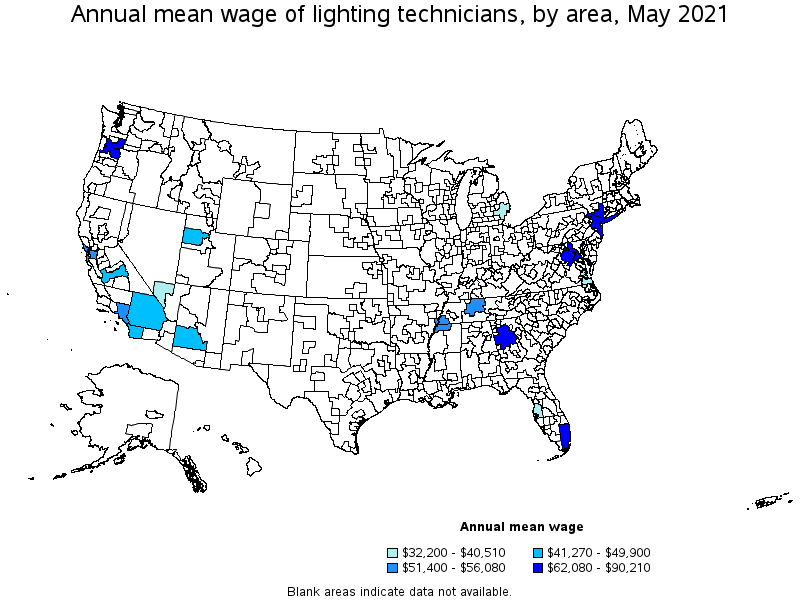 Map of annual mean wages of lighting technicians by area, May 2021