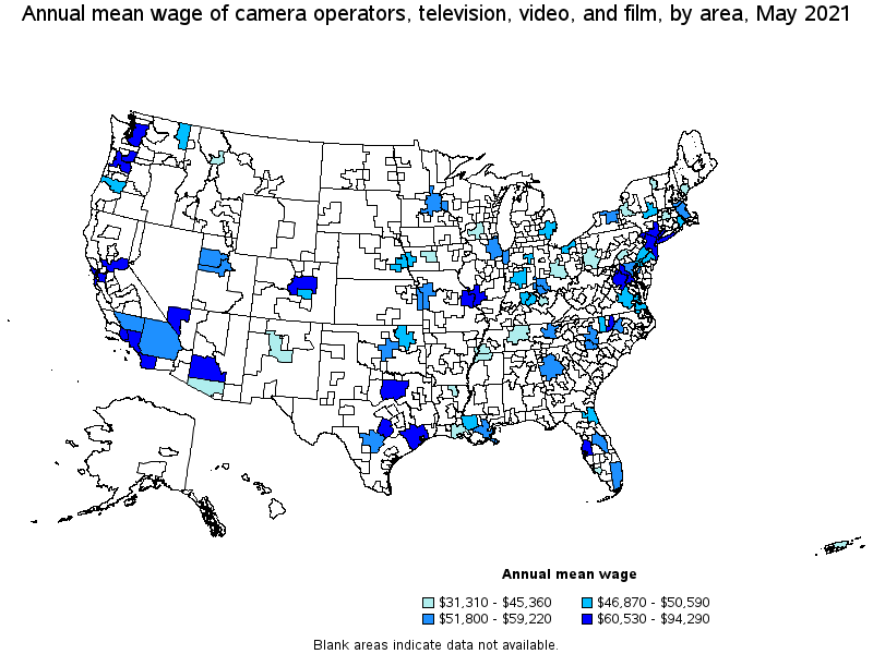 Map of annual mean wages of camera operators, television, video, and film by area, May 2021