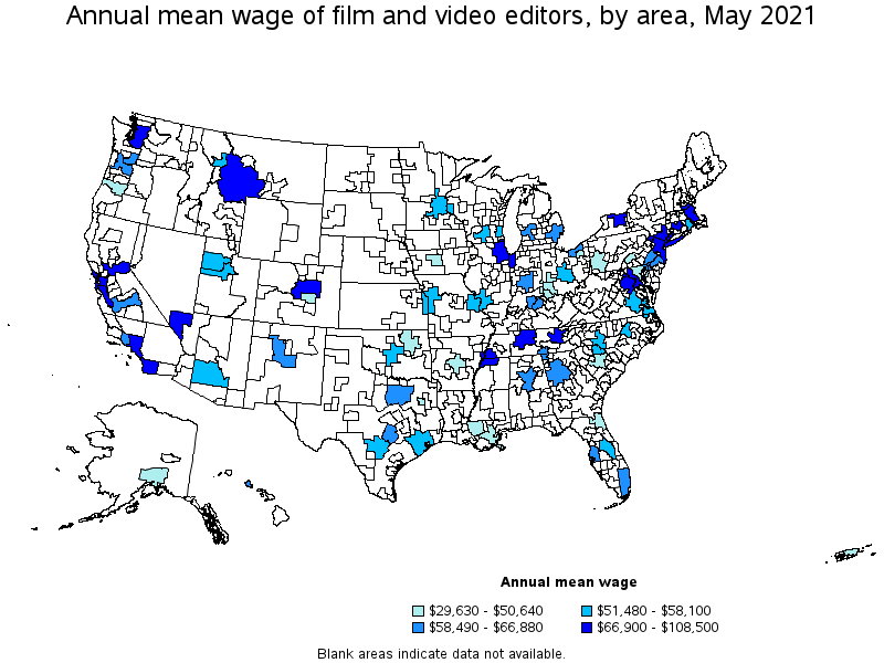 Map of annual mean wages of film and video editors by area, May 2021