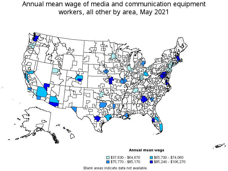 Map of annual mean wages of media and communication equipment workers, all other by area, May 2021