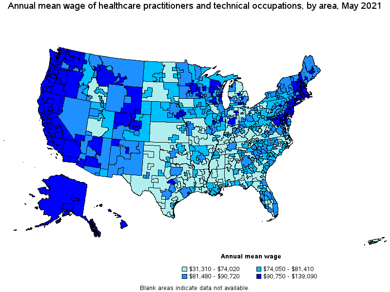 Map of annual mean wages of healthcare practitioners and technical occupations by area, May 2021