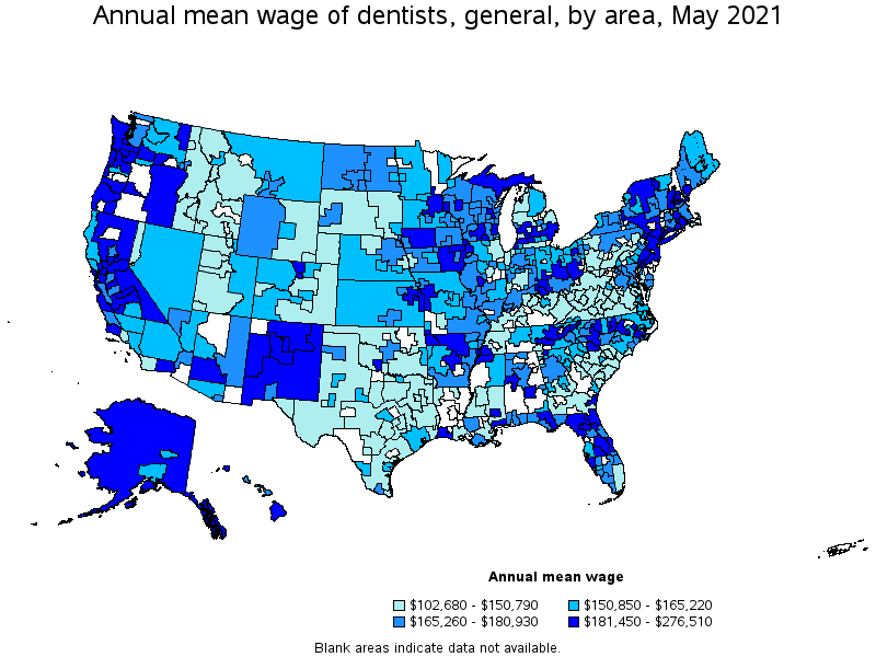 Map of annual mean wages of dentists, general by area, May 2021