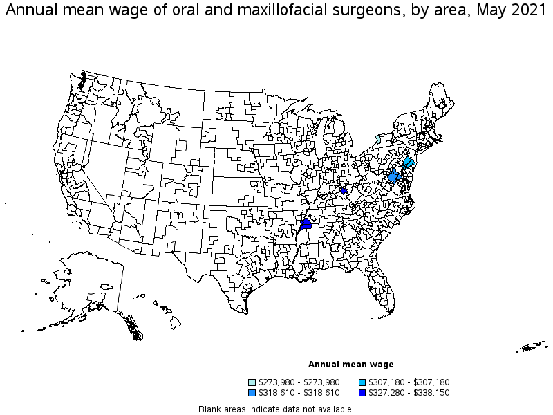 Map of annual mean wages of oral and maxillofacial surgeons by area, May 2021