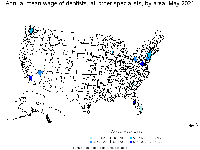 Map of annual mean wages of dentists, all other specialists by area, May 2021