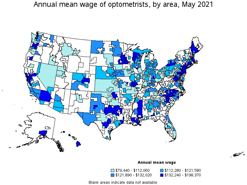 Map of annual mean wages of optometrists by area, May 2021