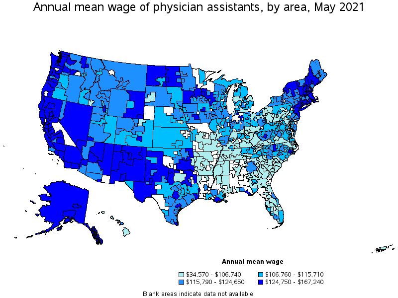 Map of annual mean wages of physician assistants by area, May 2021
