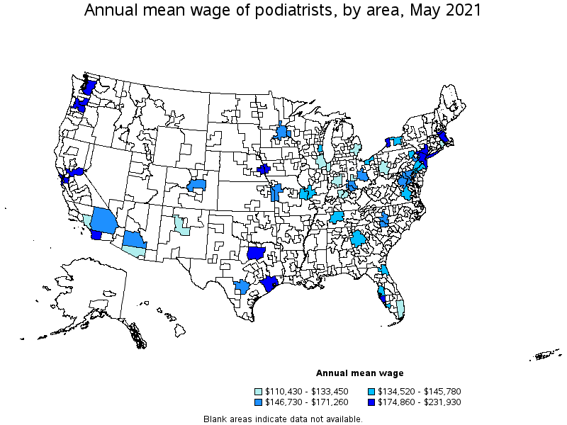 Map of annual mean wages of podiatrists by area, May 2021