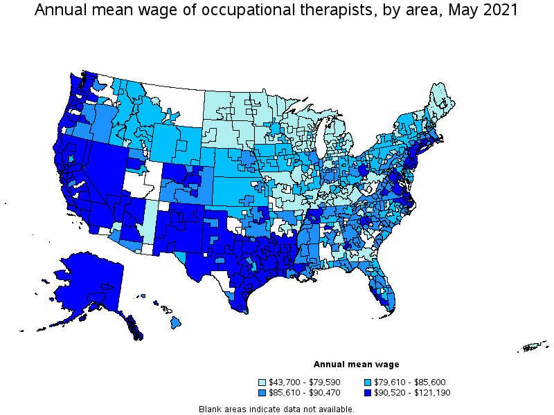 Map of annual mean wages of occupational therapists by area, May 2021
