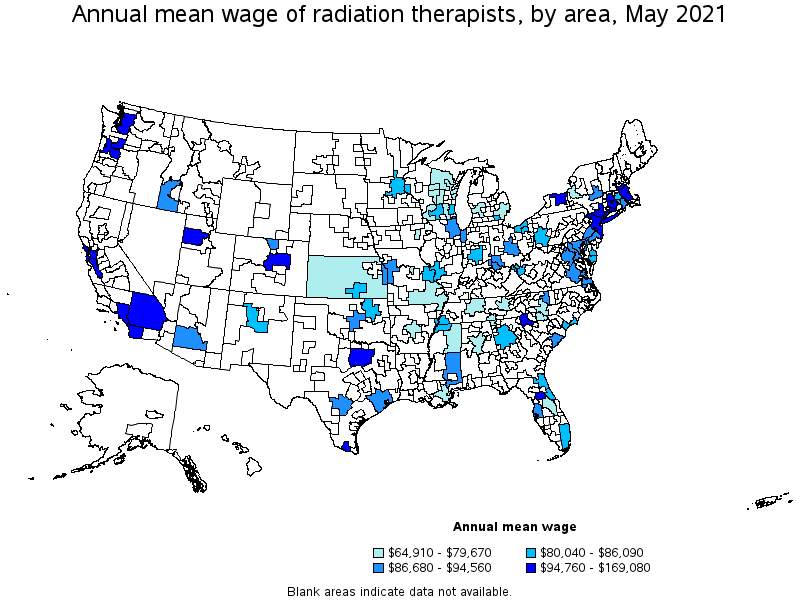 Map of annual mean wages of radiation therapists by area, May 2021