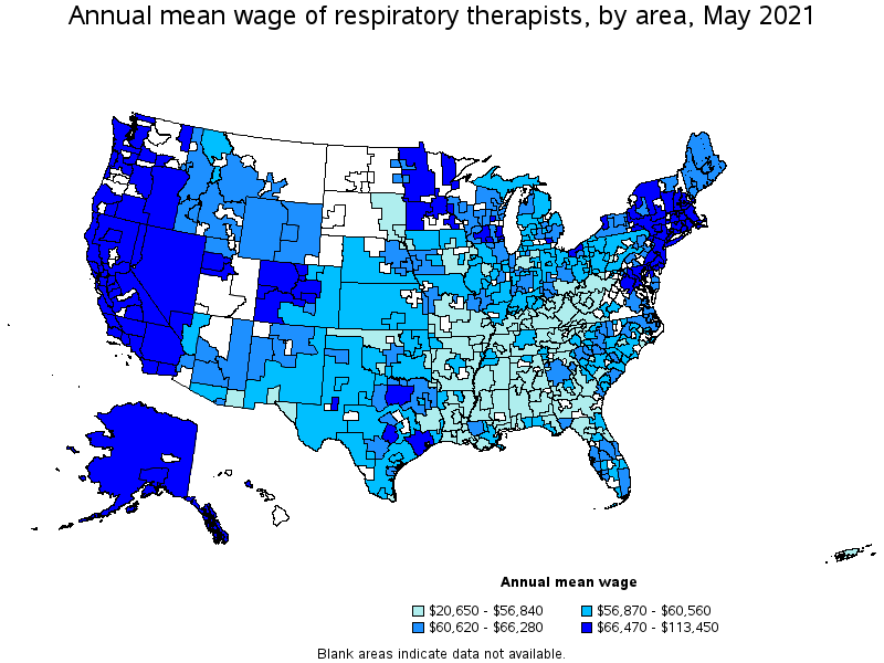 Map of annual mean wages of respiratory therapists by area, May 2021