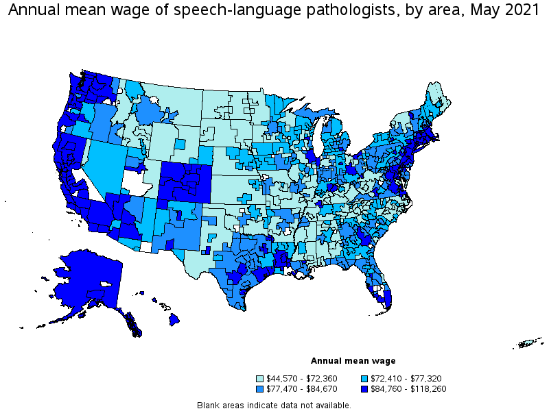 Map of annual mean wages of speech-language pathologists by area, May 2021